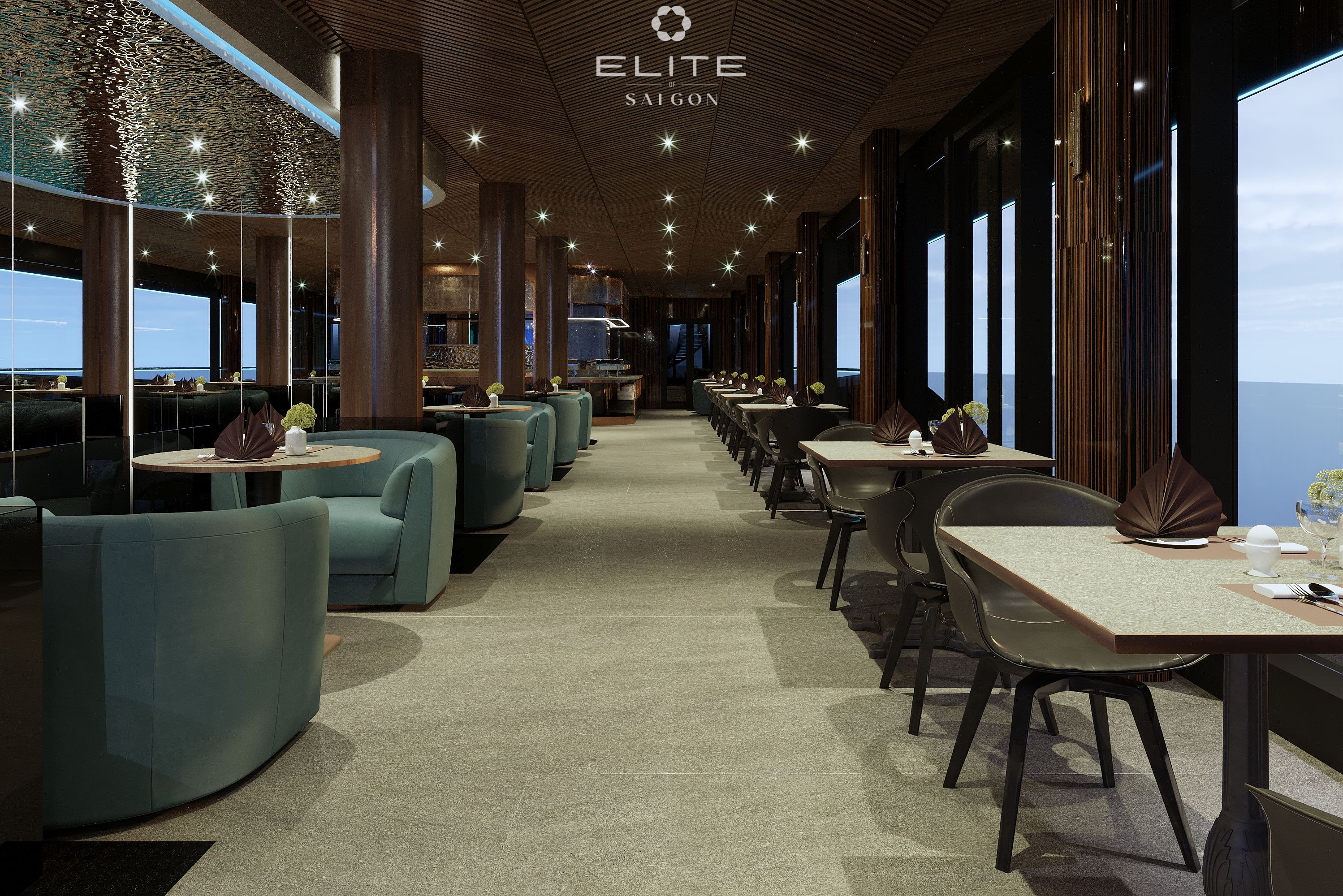 Fine dining restaurant op het schip Elite of Saigon, luxe dinercruise in Ho Chi Minh Stad in Vietnam