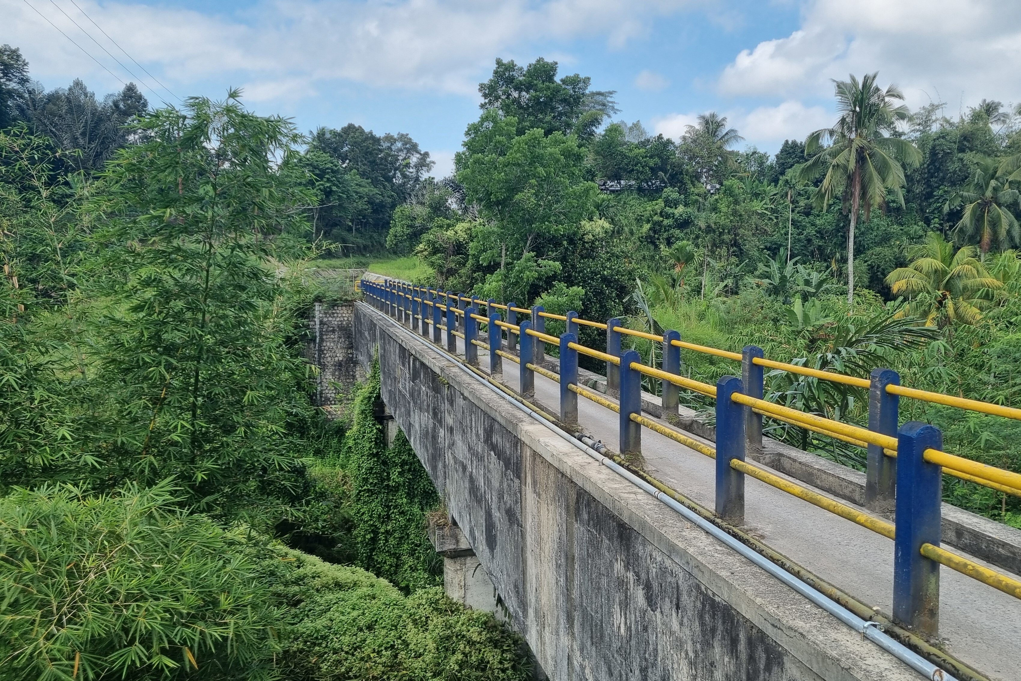 Over een brug door een groen landschap tijdens fietstour op Lombok