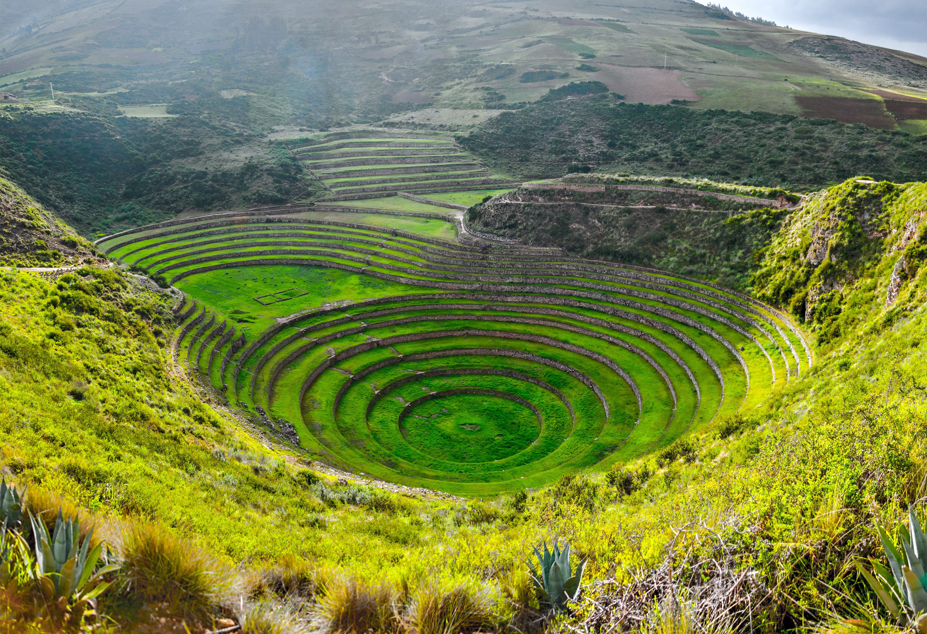 Ronde Inca terrassen in Moray in de Sacred Valley in Peru