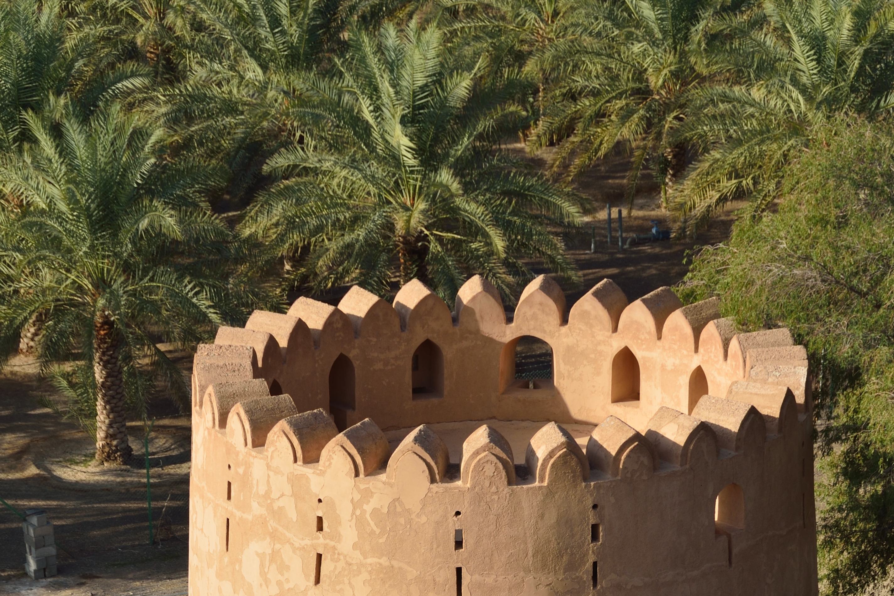 Kasteel van Jabrin omringd door palmen in Oman