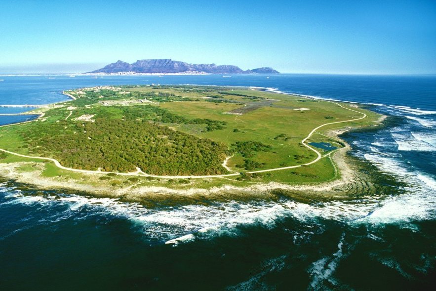 Robben Island en Kaapstad vanuit de lucht