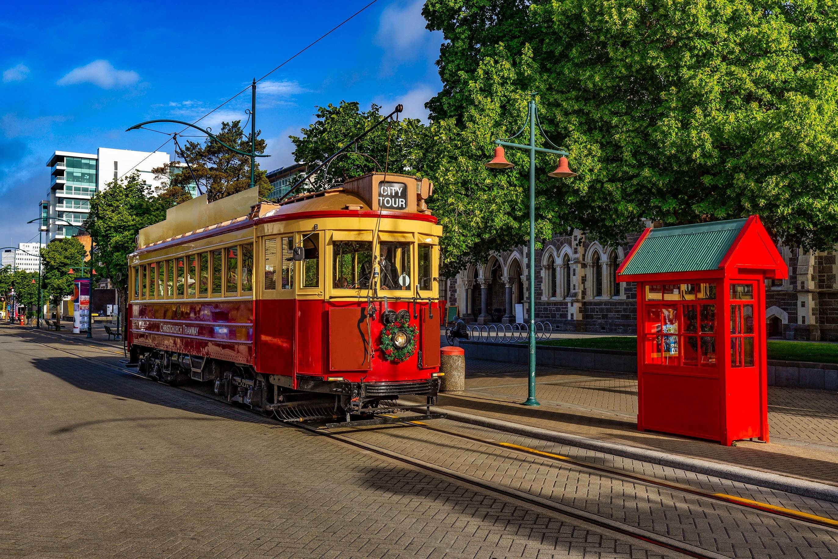 De historische tram in de straten van Christchurch op het Zuidereiland, Nieuw-Zeeland