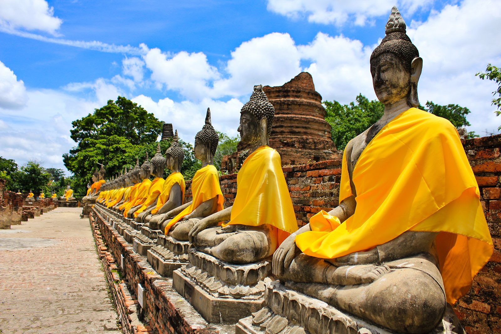 Vele boeddhabeelden in het historisch park van Ayutthaya, Thailand