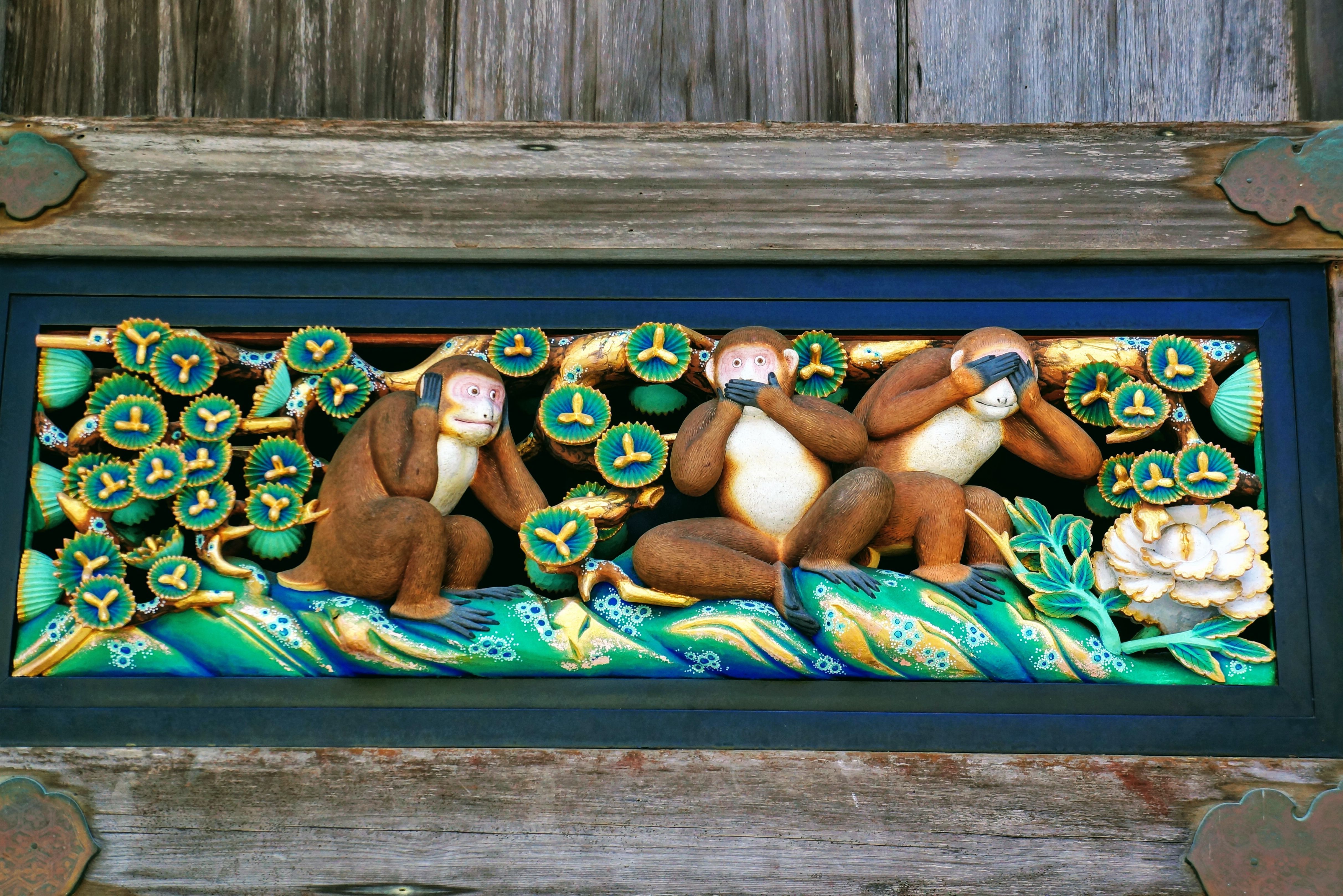 Aapjes horen, zien en zwijgen in Nikko Japan