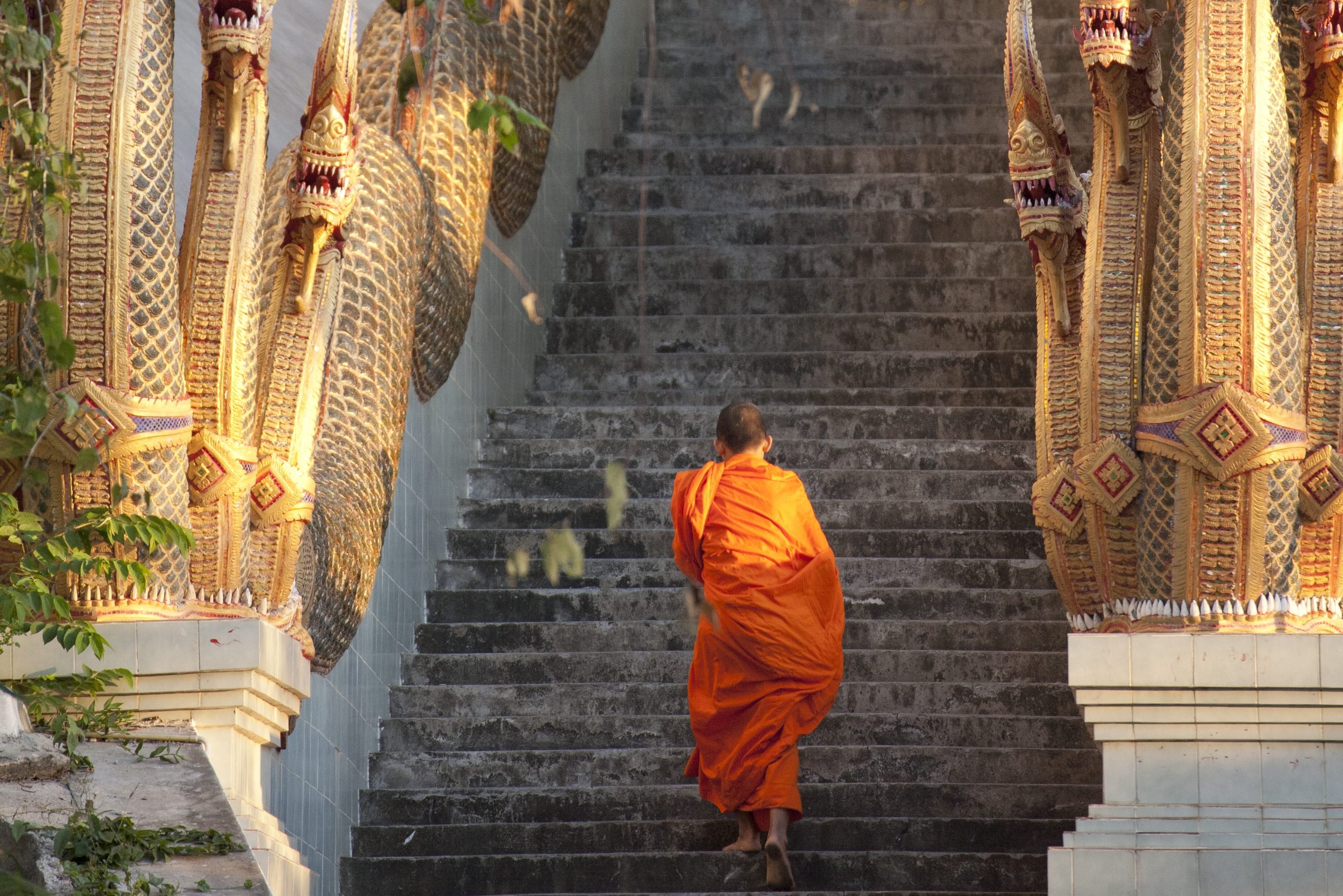 Monnik beklimt de trap naar de Wat Doi Suthep nabij Chiang Mai in Thailand