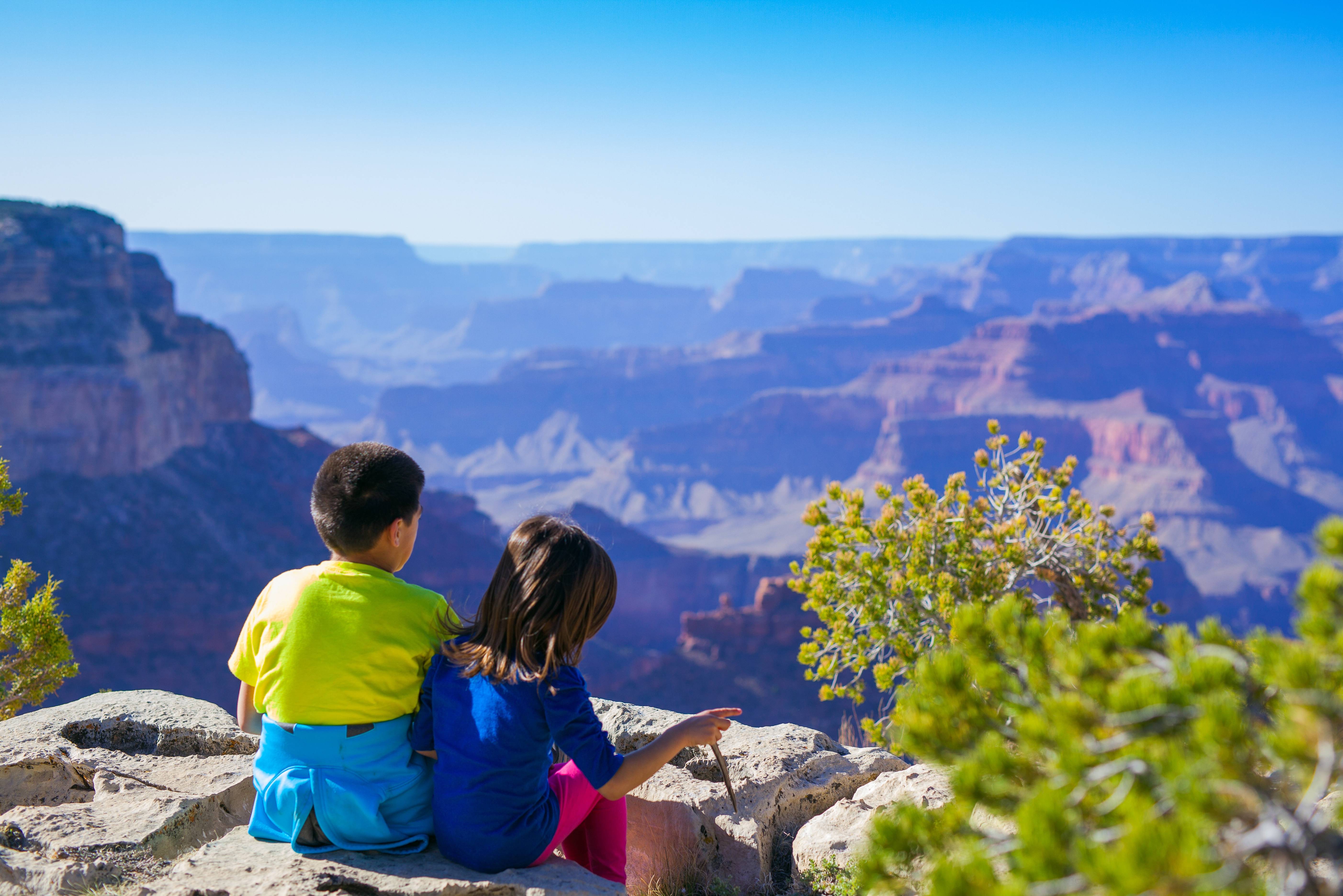 Kinderen met uitzicht op Grand Canyon in Amerika