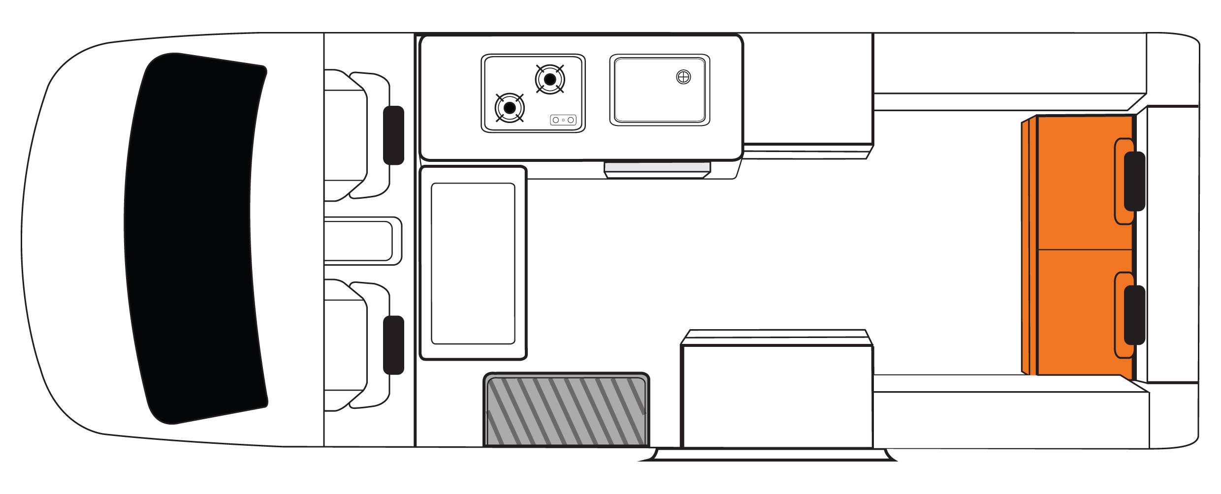 Dagindeling van de Voyager camper van Britz in Nieuw-Zeeland