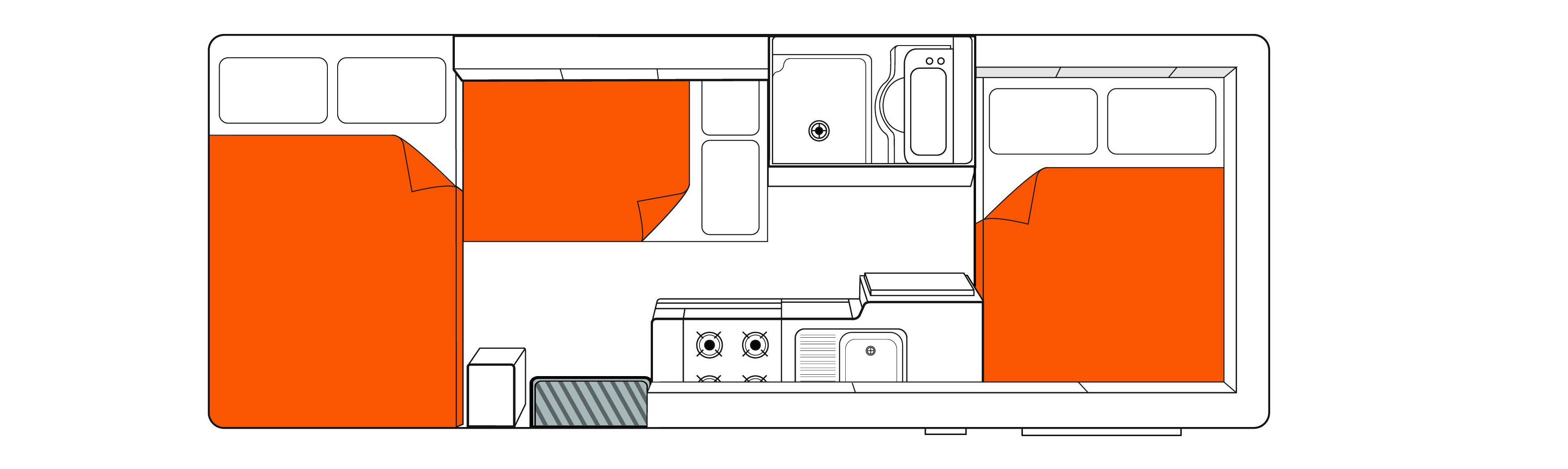 Nachtindeling van de Britz Vista camper in Nieuw-Zeeland