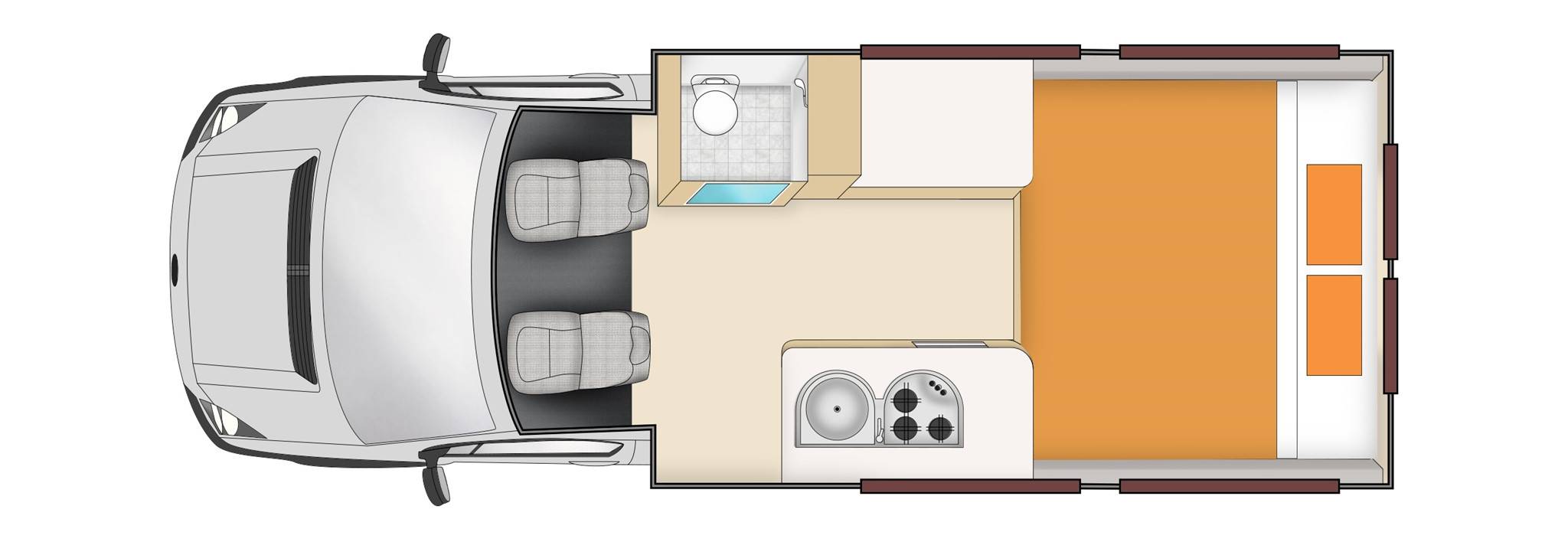 Nachtindeling van de Apollo Euro Tourer camper in Nieuw-Zeeland