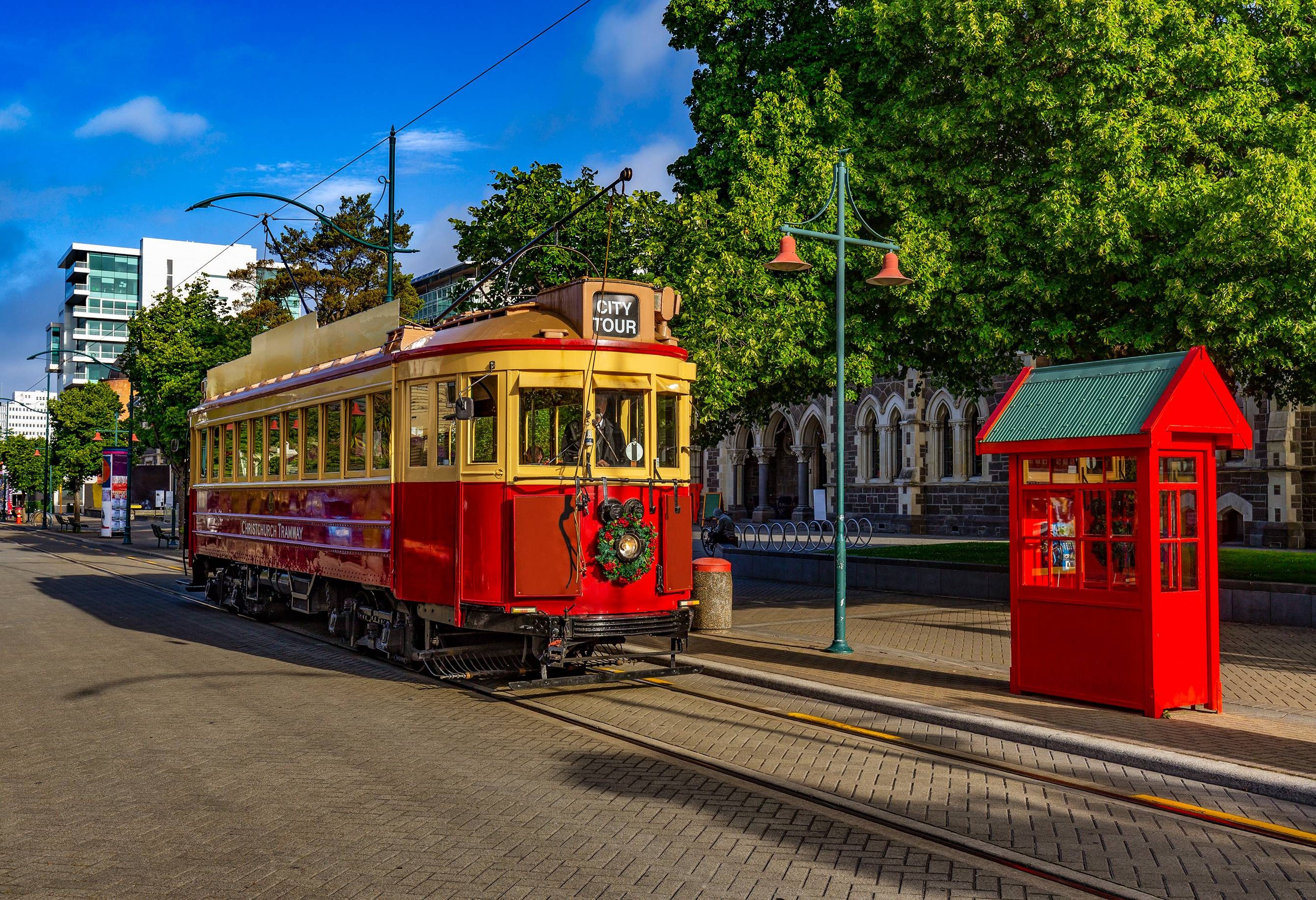 Ritje in historische tram in Christchurch in Nieuw-Zeeland