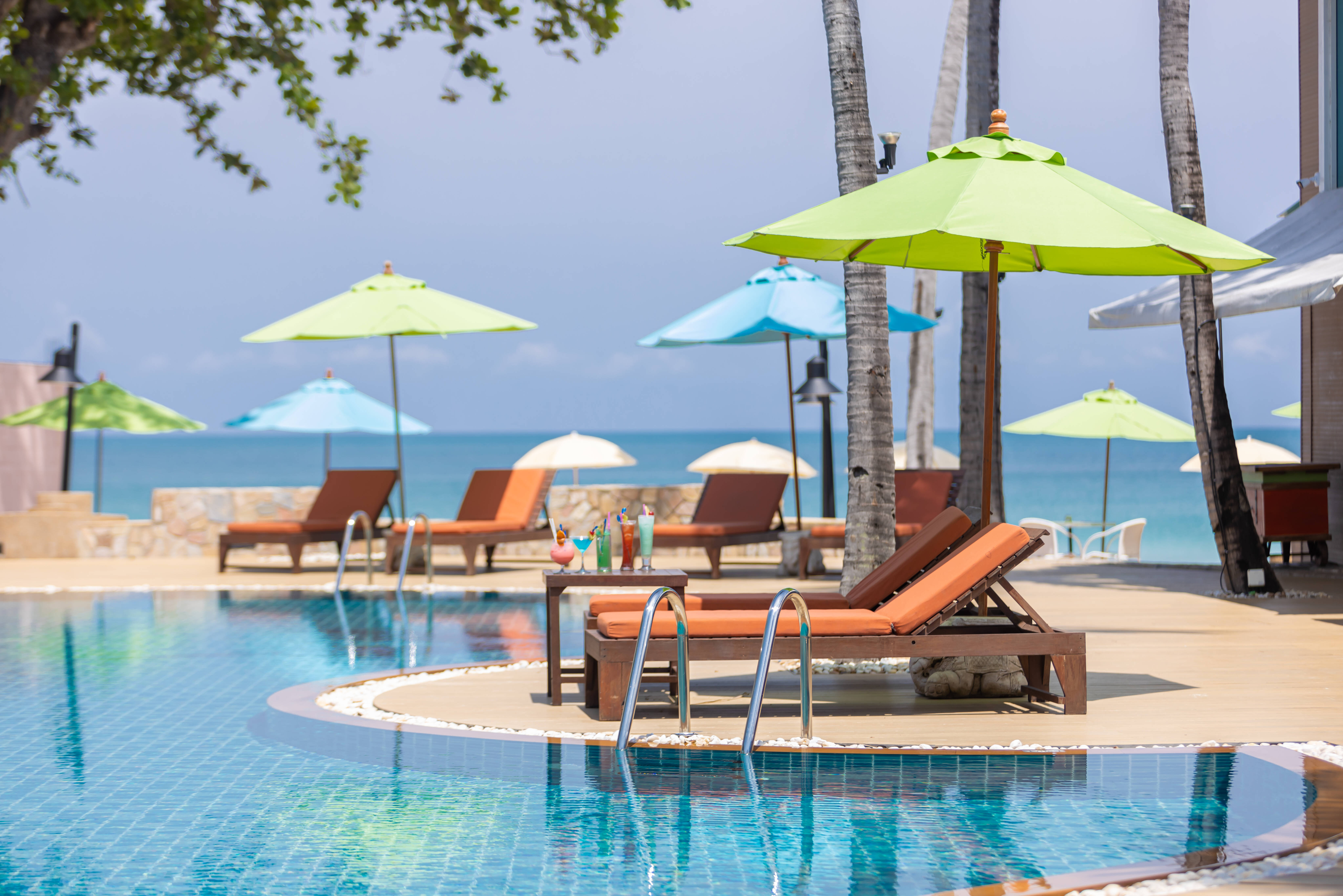 Zwembad met ligbedden