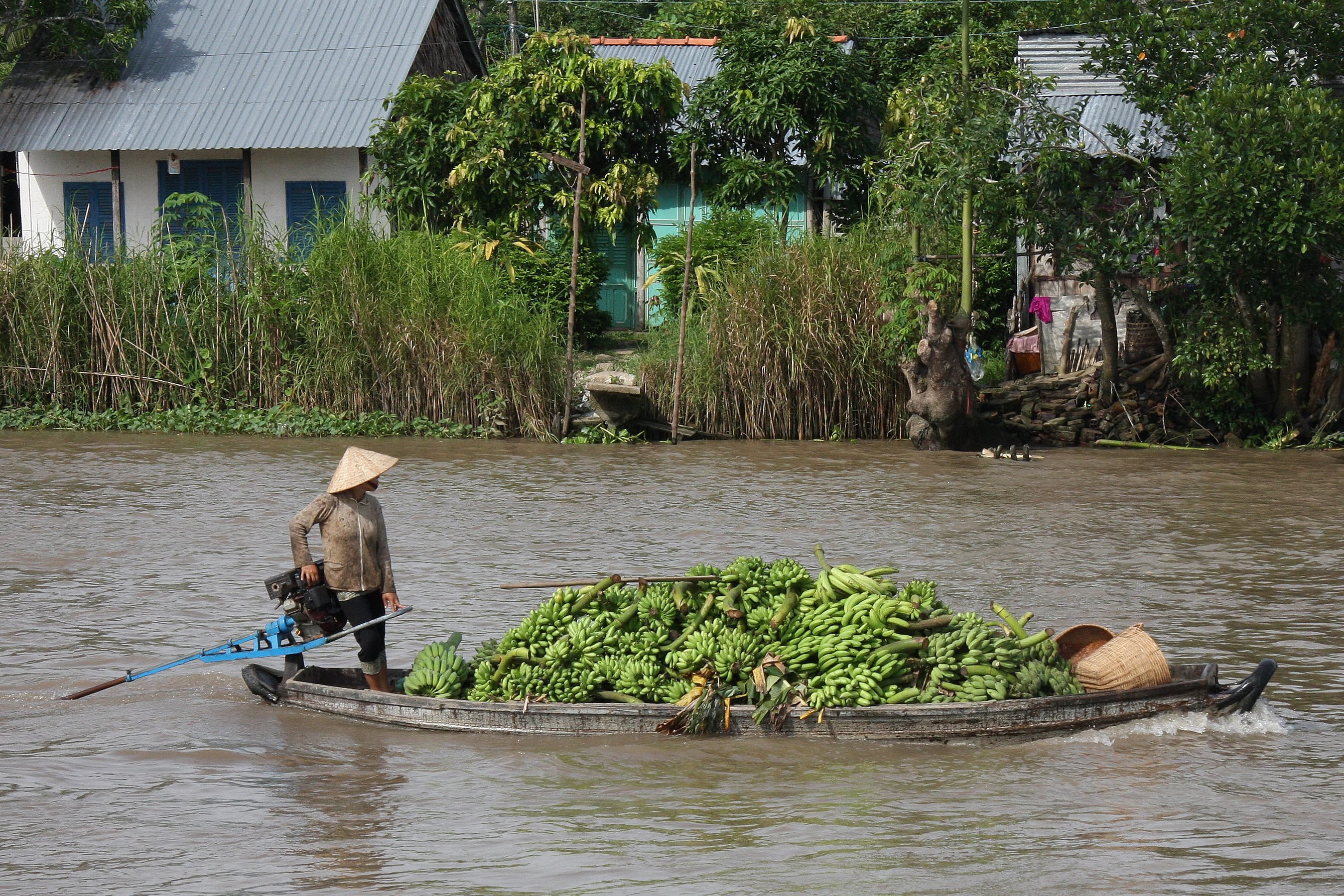 Fruitboot op weg naar de drijvende markt in de Mekong Delta, Vietnam