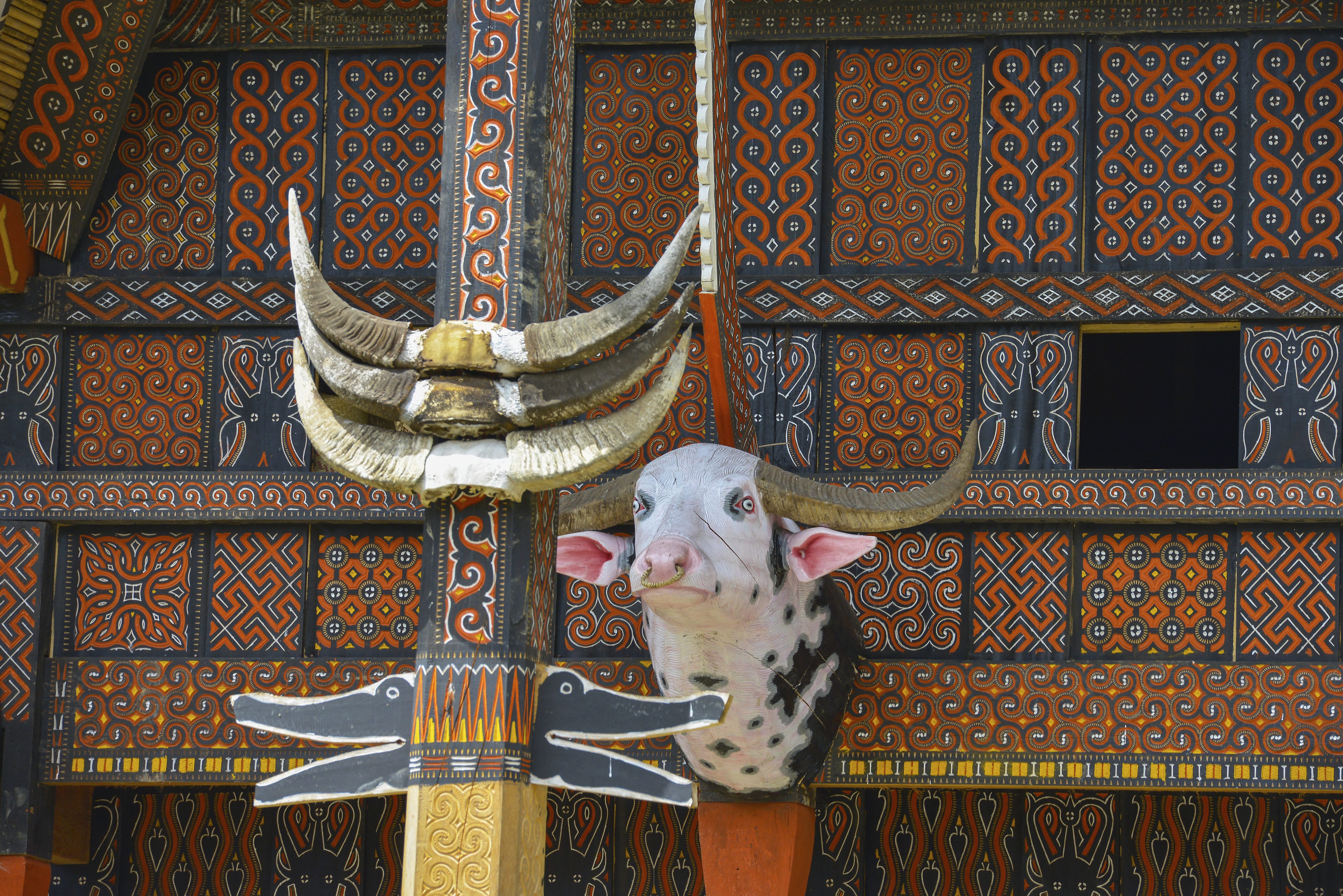 Decoratie traditioneel Tongkonan huis in Toraja Hoogland