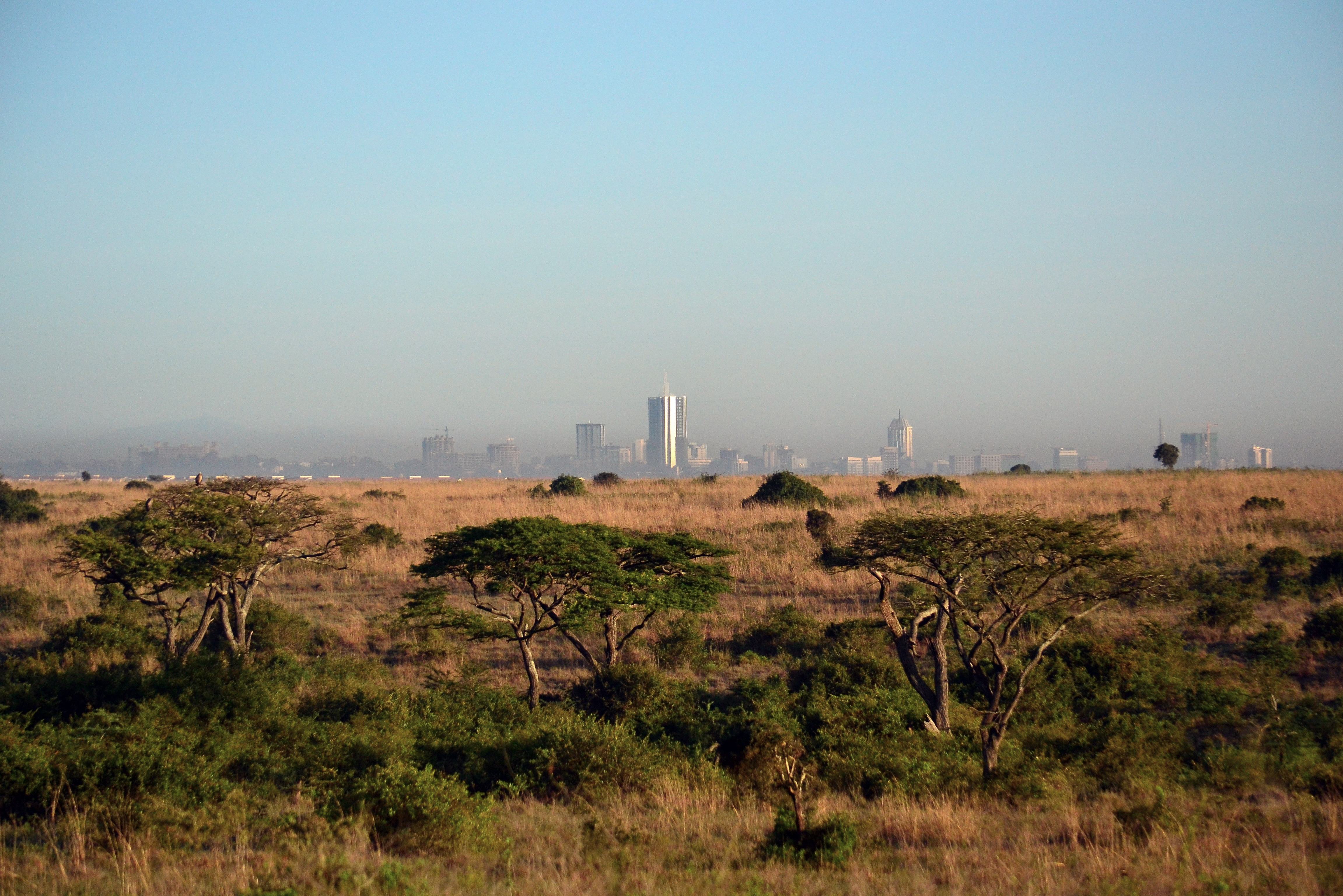 Skyline van Nairobi gezien vanuit het Nairobi National Park in Kenia