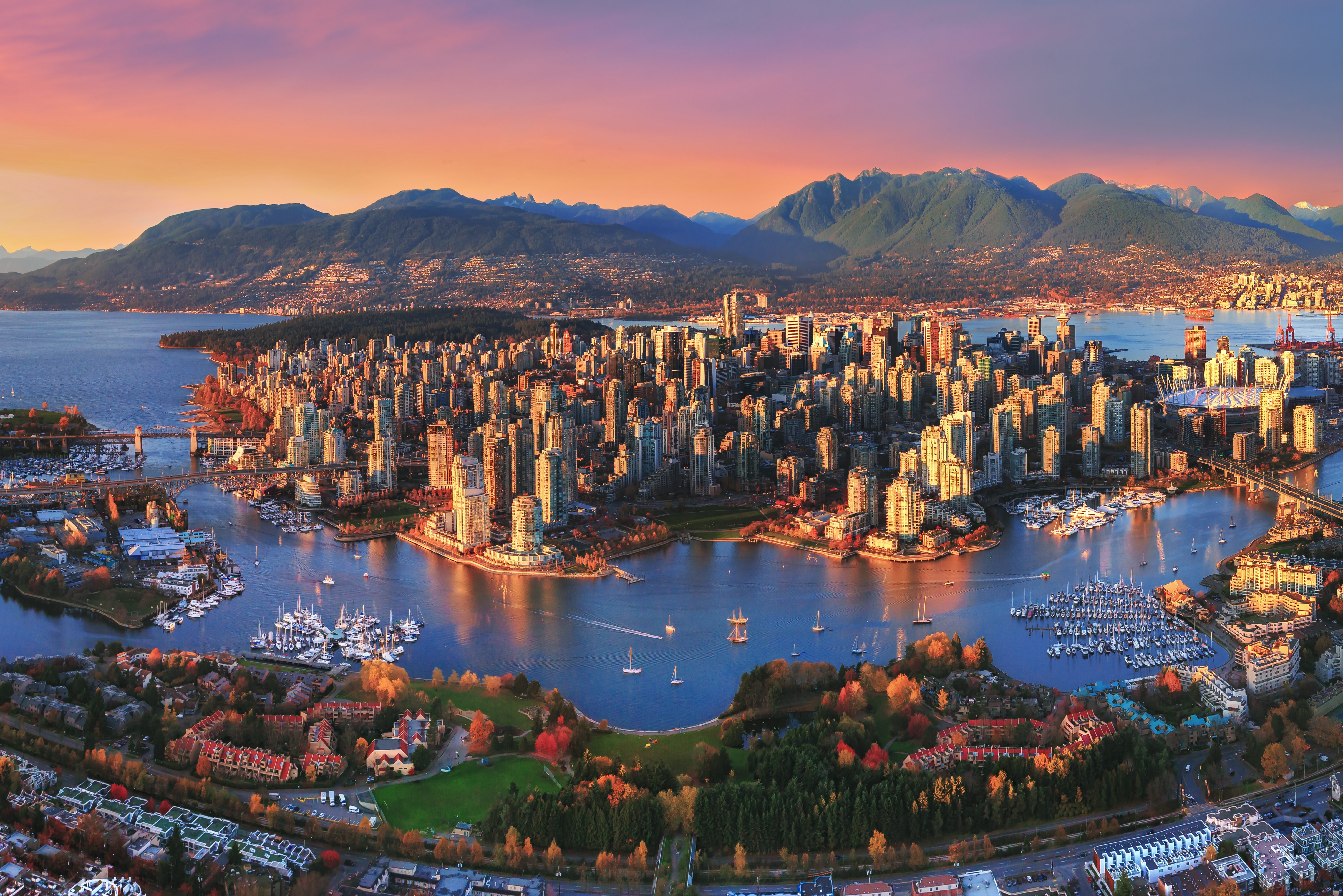Canada Vancouver Uitzicht Vanuit Watervliegtuig Bij Zonsondergang 