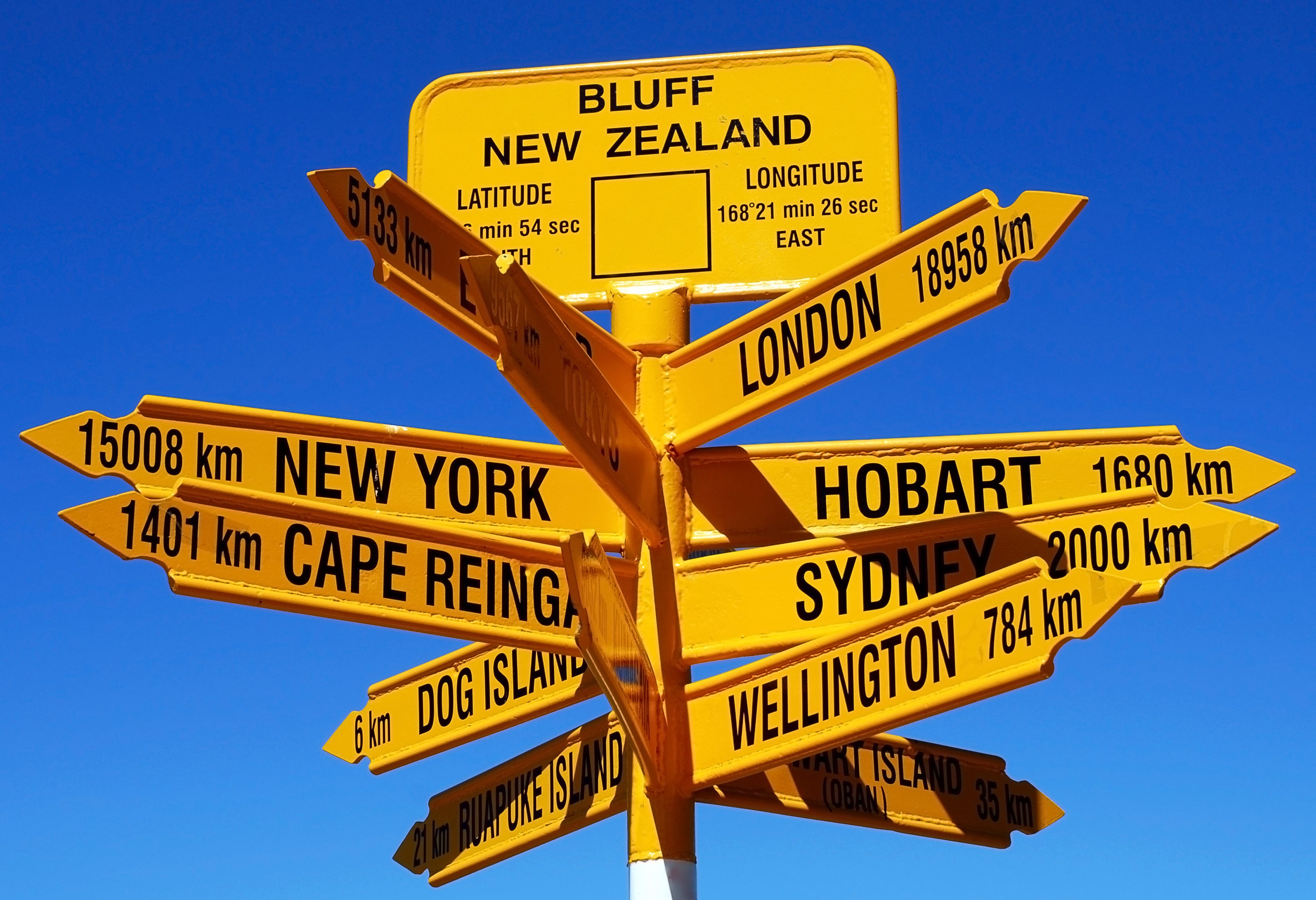 Wegwijzerbord bij Bluff op het Zuidereiland van Nieuw-Zeeland