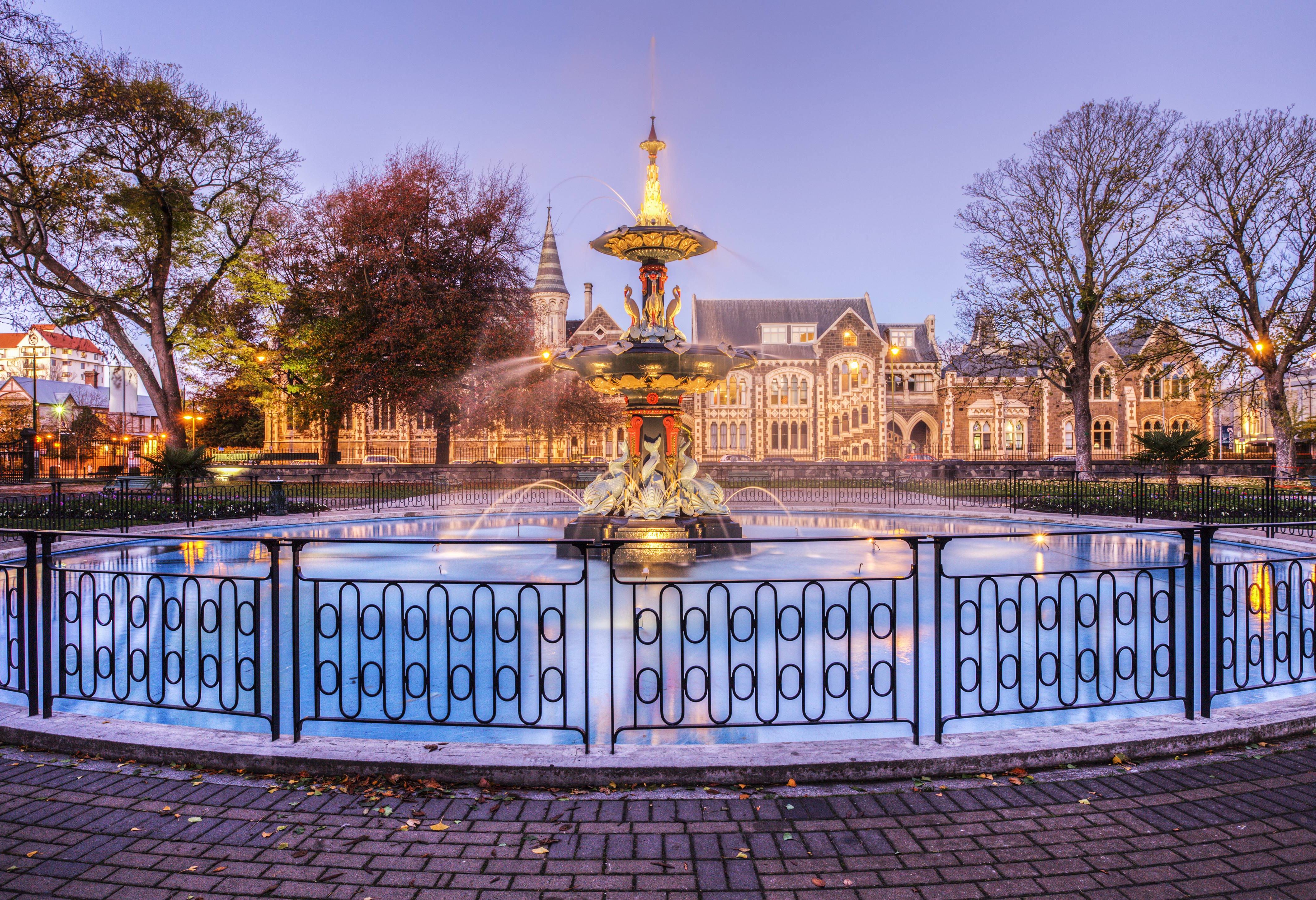 Fontein bij de botanische tuinen in Christchurch in Nieuw-Zeeland