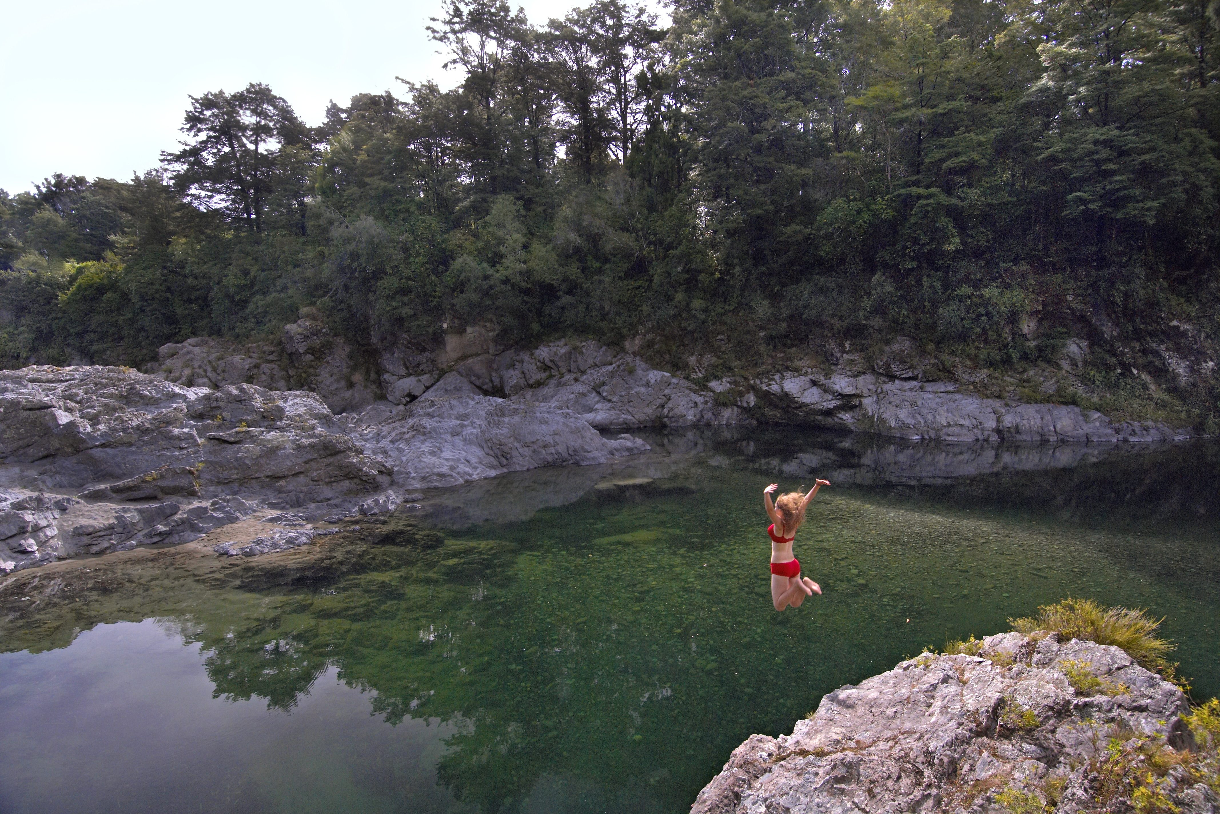 Dipje nemen in het Pelorus Scenic Reserve in de Marlborough Sounds in Nieuw-Zeeland