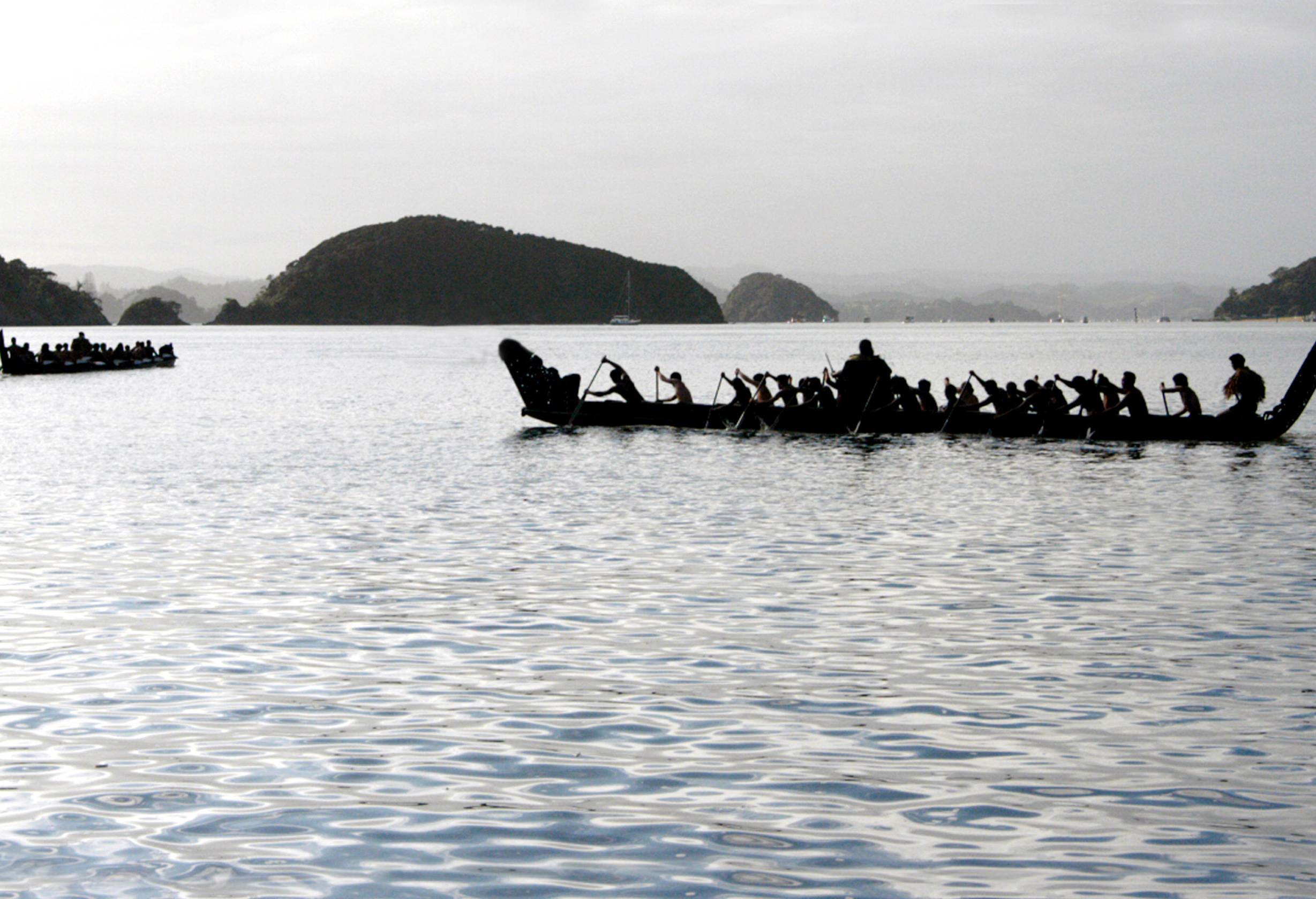 Maori waka boten in de Bay of Islands in Nieuw-Zeeland