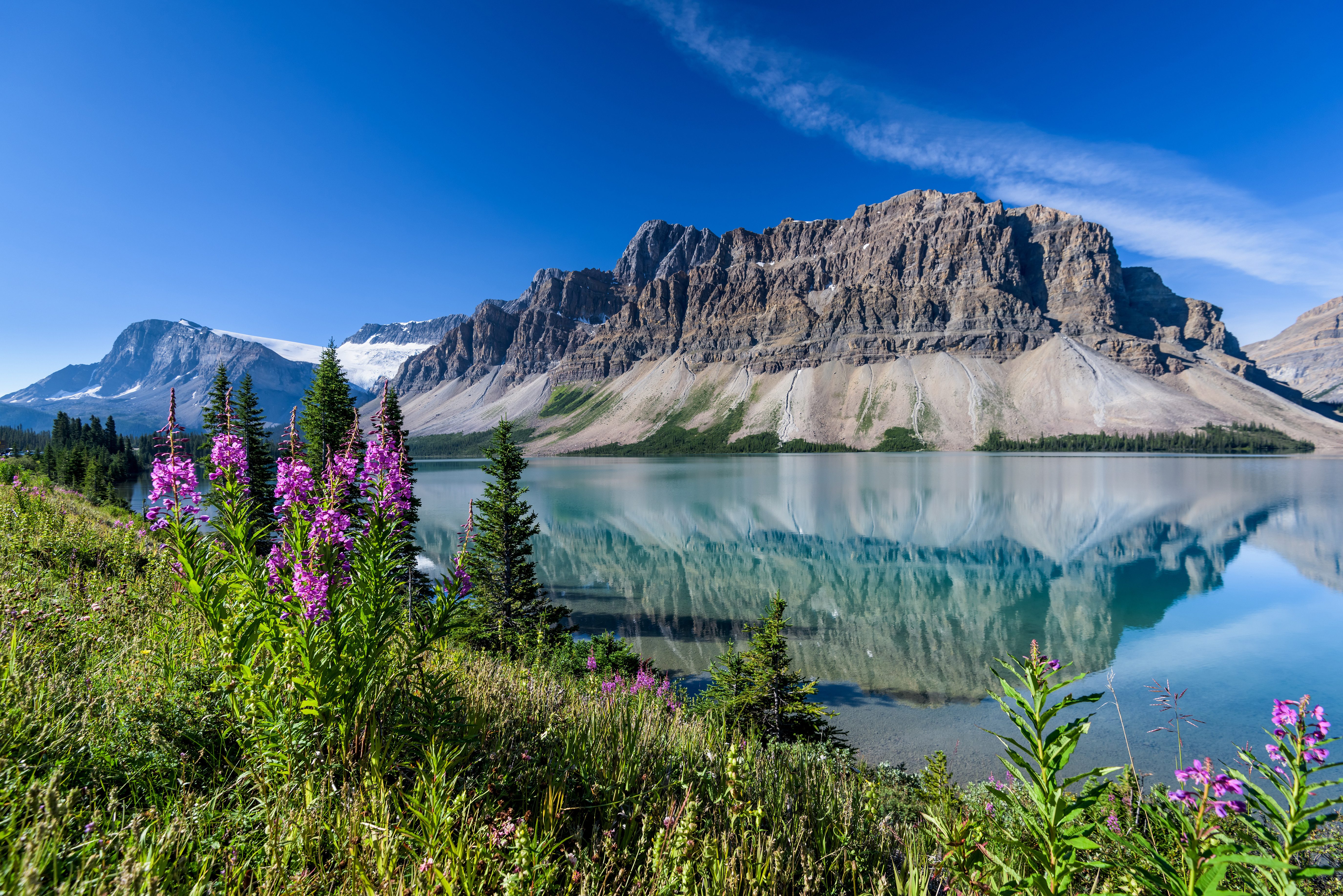 Voorjaar bij Bow Lake in de Canadese Rocky Mountains, Canada