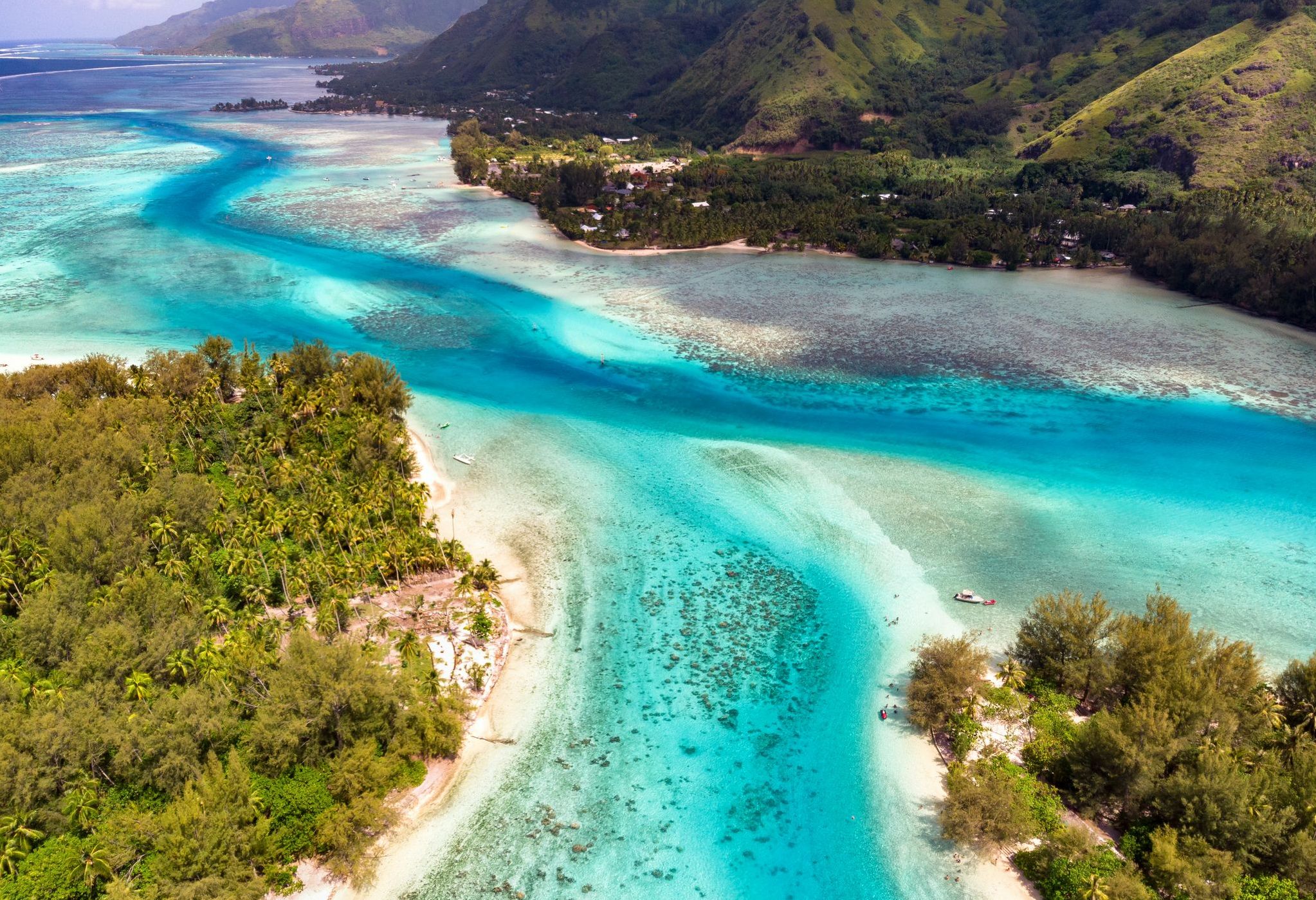 Kleurenspel van lagune en regenwoud op Moorea in Frans-Polynesie