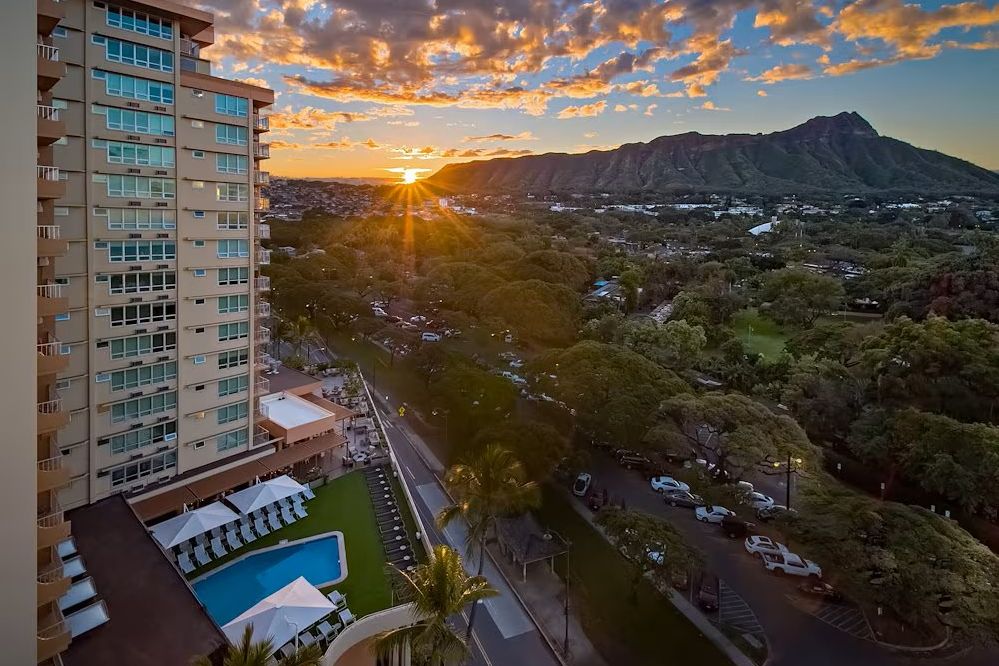 Amerika Hawaii Waikiki Beach Queen Kapiolani Hotel Zonsopkomst