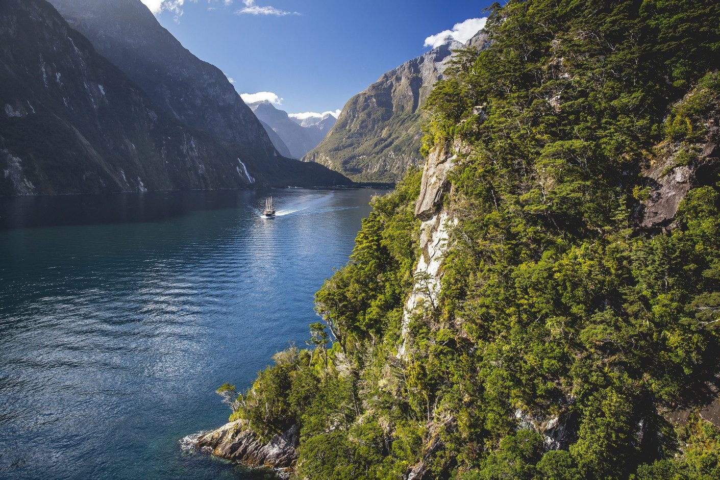 Varen door Milford Sound in Fiordland National Park in Nieuw-Zeeland